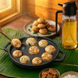 HomeWiz Cast Iron Appe Pan 9 Cavity 22 cm | Free Oil Dispenser 500ml | Pre-Seasoned Appe Maker for Appam, Paniyaram & Appe | Non Stick Appam Pan | Naturally Non-Stick | Works On Induction &....