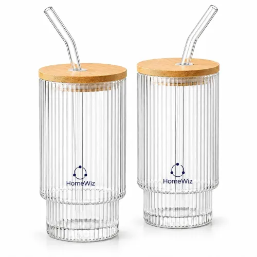 Image of HomeWiz Ribbed Glass Tumbler Set of 2 (450ml) with Bamboo Lid & Glass Straw - Vintage Sipper Glasses