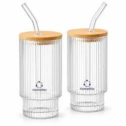 HomeWiz Ribbed Glass Tumbler Set of 2 (450ml) with Bamboo Lid & Glass Straw - Vintage Sipper Glasses