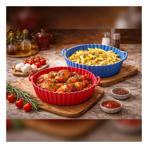 Image of HomeWiz Silicone Air Fryer Liners | Reusable Non-Stick Round Basket Baking Tray with Ear Handles | Heat-Resistant Cookin