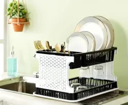 HomeWiz Large 2 Tier Plastic Dish Drying Rack | Double Deck Utensil Rack with Cutlery Holder & Drainage | 50 KG + Weight Capacity | Heavy Duty Rust-Free BPA-Free Kitchen Drying Stand | 47 x....