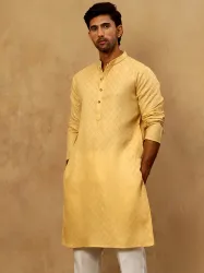 House of Pataudi Men Self Design Cotton Blend Straight Kurta (Beige)