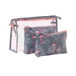 House of Quirk Flamingo Makeup Bag Set For Women Portable 3 Different Sizes Toiletry Kit Bag For Travel Daily Use For Women Girl (Flamingo Grey, Set Of 3)