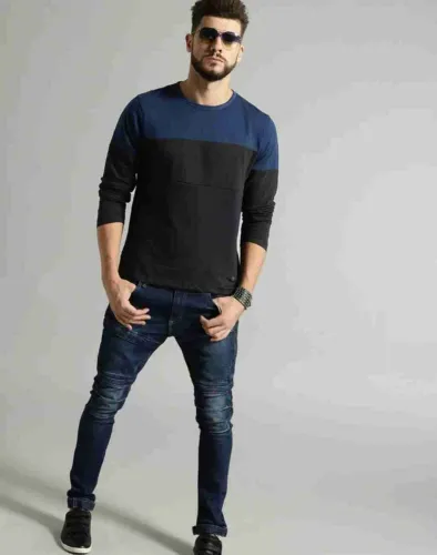 Image of HouseOfCommon Men Colorblock Round Neck Cotton Blend Blue