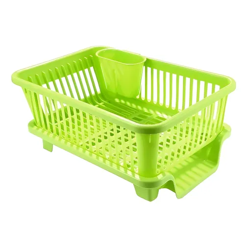 Image of Houshe 3 in 1 Durable Plastic Kitchen Sink, Large Dish Drainer With Tray, Drying Rack Washing Basket for Utensils, Green