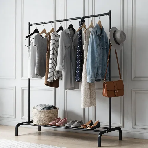 Image of HOUZA Heavy-Duty Garment Stand Cloth Rack with Bottom Storage Shelf & 4 Side