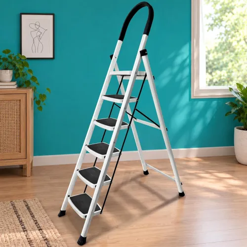Image of HOUZA Steel Ladder for Home 6 Steps Foldable with Anti-Skid Wide Steps