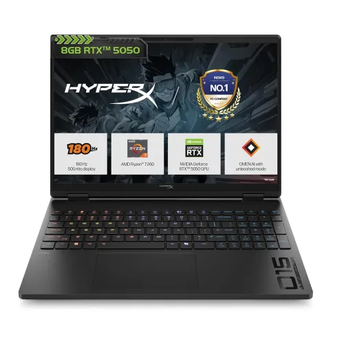 Image of HP HyperX OMEN 15, AMD Ryzen 7 260, 8GB-RTX 5050, 24GB DDR5 (Upgradeable), 1TB SSD, 180Hz, 2.5K, 500 nits, 3ms resp time