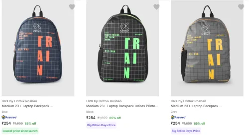 Image of HRX by Hrithik Roshan Backpacks Starting @ ₹254 Upto 85% Discount