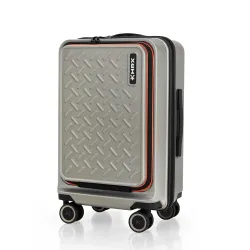 HRX Silver Cabin Size Transit Polycarbonate Hard Shell Suitcase with Front Laptop Compartment - Premium Travel Trolley Bag with 8 Spinner Wheels, Number Lock & Water Resistant Body