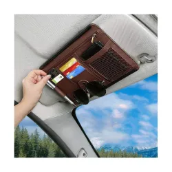 HSR Car Sun Visor Organizer, Sunglass Pen Card Small Document Storage Pouch Holder, PU Leather, Multi-Pocket with Zipper Net (Brown)