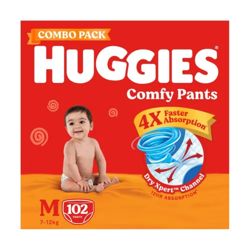 Image of Huggies Comfy Pants Baby Diaper, Medium (M) Size (7-12 Kgs), Pack of 102