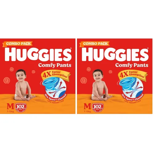 Image of Huggies Comfy Pants Baby Diaper, Medium (M) Size (7-12 Kgs), Pack of 204 (102 count, Pack of 2)