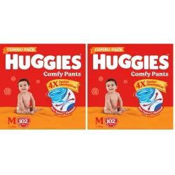 Huggies Comfy Pants Baby Diaper, Medium (M) Size (7-12 Kgs), Pack of 204 (102 count, Pack of 2)