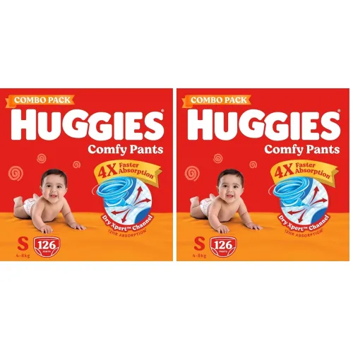 Image of Huggies Comfy Pants Baby Diaper, Small (S) Size (3-84Kgs), Pack of 252 (126 count, Pack of 2)