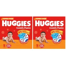 Huggies Comfy Pants Baby Diaper, Small (S) Size (3-84Kgs), Pack of 252 (126 count, Pack of 2)