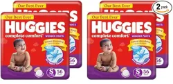 Huggies Complete Comfort Wonder Pants | Pant Style Baby Diapers S Size, 112 Count | India's Fastest Absorbing Diaper, Patented Dry Xpert Channel, Ideal for 4 to 8 Kgs (Pack of 2)