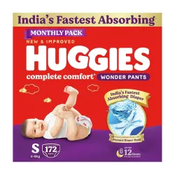 Huggies Complete Comfort Wonder Pants | Pant Style Baby Diapers Small Size (S), 172 Count | Indias Fastest Absorbing Di
