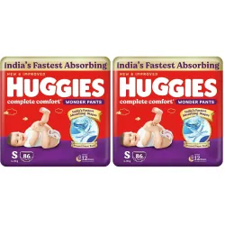 Huggies Complete Comfort Wonder Pants | Pant Style Baby Diapers Small Size (S), 86 Count | Indias Fastest Absorbing Dia