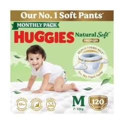 Huggies Natural Soft Premium Baby Diaper Pants, Our No.1 Soft Pants, Medium (M) Size (7-12 Kgs), Monthly Pack of 120 dia