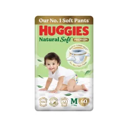 Huggies Natural Soft Premium Baby Diaper Pants, Our No.1 Soft Pants, Medium (M) Size (7-12 Kgs), Pack of 60 diapers | Cloud Softness All over with India's 1st Cloud Touch BeltTM