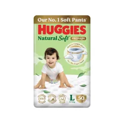 Huggies Natural Soft Premium Baby Diaper Pants, Our No.1 Soft Pants, Large (L) Size (9-14 Kgs), Pack of 50 diapers | Clo