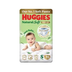 Huggies Natural Soft Premium Baby Diaper Pants, Our No.1 Soft Pants, Small (S) Size (4-8 Kgs), Pack of 70 diapers | Clou
