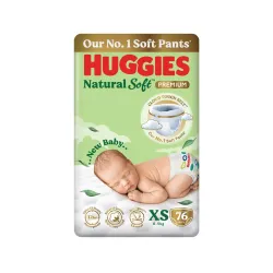 Huggies Natural Soft Premium Baby Diaper Pants, Our No.1 Soft Pants, New Born/Extra Small (XS) Size (0-5 Kgs), Pack of 7