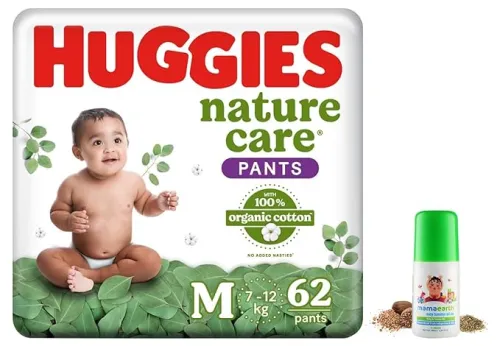 Image of Huggies Nature Care Pants for Babies, Medium (M) Size Baby Diaper Pants, 62 Count & Mamaearth Easy Tummy Roll On Oil for