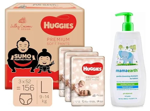 Image of Huggies Premium Soft Pants (L, 156 Count) + Mamaearth Baby Shampoo 400ml