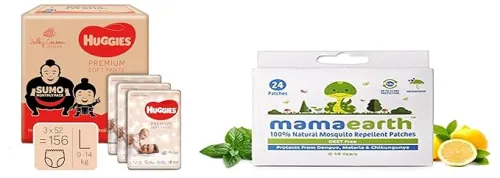 Image of Huggies Premium Soft Pants (L, 156 Count) + Mamaearth Mosquito Patches
