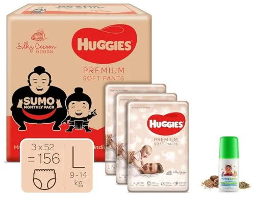 Image of Huggies Premium Soft Pants (L, 156 Count) + Mamaearth Tummy Roll-On 40ml