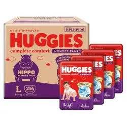 Huggies Complete Comfort Wonder Pants | Pant Style Baby Diapers Large Size, 256 Count | Indias Fastest Absorbing diaper