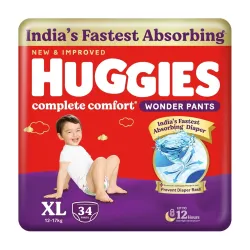 Huggies Complete Comfort Wonder Pants | Pant Style Baby Diapers Extra Large Size (XL), 34 Count | Indias Fastest Absorb