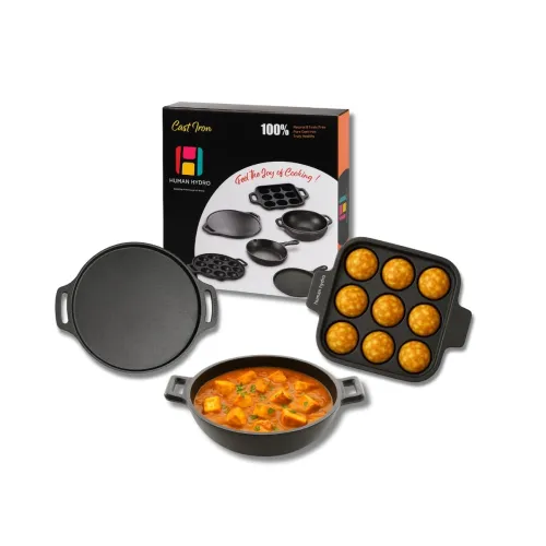 Image of Human Hydro Cast Iron Cookware Combo | 9-Pit Paniyaram Pan, 30CM Dosa Tawa & 23CM Kadai 
