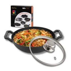 Human Hydro Cast Iron Kadai / Kadhai with Glass Lid | 23cm (9.2inch), 1.3L Deep Wok | Naturally Non-Stick When Seasoned 