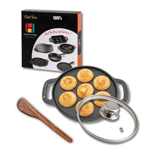 Image of Human Hydro Pre-Seasoned Cast Iron Paniyaram Pan (7-Pit) with Lid & Wooden Spatula | Naturally Nonstick, Induction & Gas