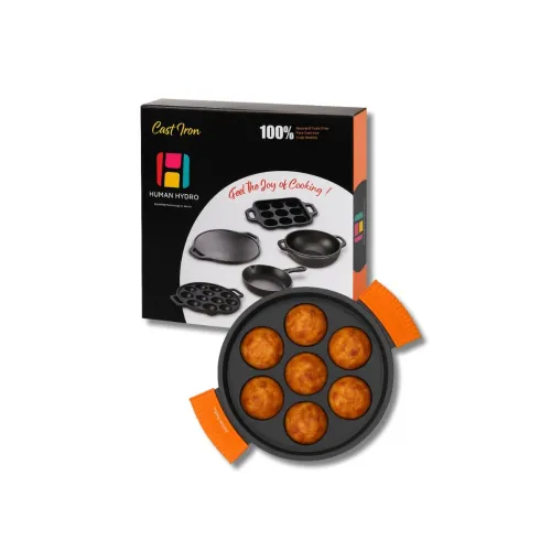 Image of Human Hydro Cast Iron Paniyaram Pan (7-Pit) with Silicone Handle Grips | Pre-Seasoned, Naturally Nonstick, Induction & G