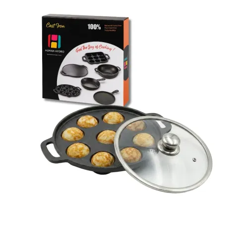 Image of Human Hydro Pre-Seasoned Cast Iron 9 Pit Paniyaram Pan (23CM) with Glass Lid | Naturally Nonstick & Toxin-Free | Inducti