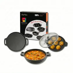 Human Hydro Cast Iron Cookware Combo | 7-Pit Paniyaram Pan with Lid, 30CM Dosa Tawa & 23CM Kadai | Pre-Seasoned, Natural