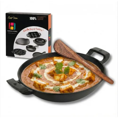 Image of Human Hydro Pre-Seasoned Cast Iron Kadai (26CM /10.5 Inch) with Wooden Spatula | Naturally Nonstick, Gas & Induction Com