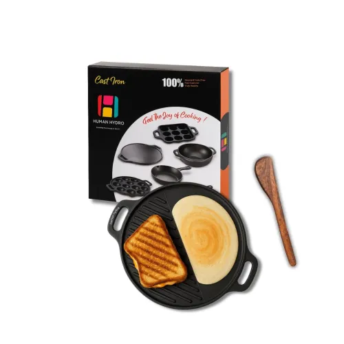 Image of Human Hydro Himalayan Stone Grill Tawa (30CM, 2-in-1) with Wooden Spatula | Iron-Rich Natural Stone | Reversible Flat & 