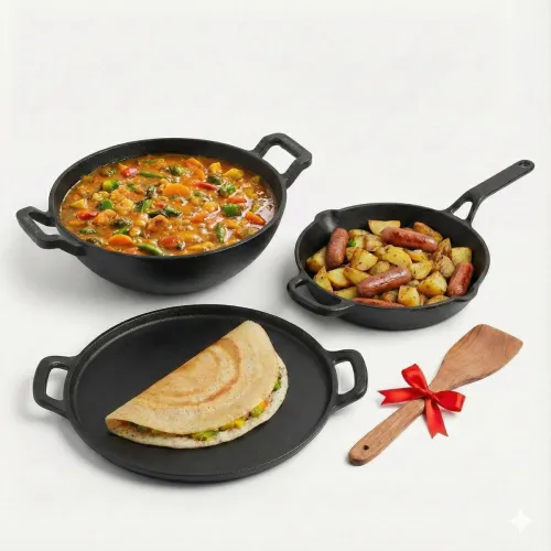 Image of Human Hydro IronCure Cast Iron Combo - Kadai, Fry Pan & Tawa with Free Wooden Spatula Induction Bottom Cookware Set  (Ca