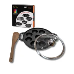 Human Hydro Cast Iron 9-Pit Paniyaram Pan (23CM) with Glass Lid & Wooden Spatula | Pre-Seasoned, Naturally Nonstick, Toxin-Free | Gas & Induction Compatible | Appam, Paddu & Paniyaram Maker