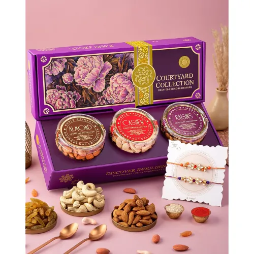 Image of HyperFoods® Rakhi Hamper for Brother Rakhi for Brother and Bhabhi with RawFruit Courtyard Collection Pack of 3 Dry Fruit