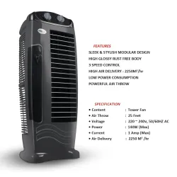 IBELL DELUXE High Speed Tower Fan, 25-foot Air Delivery, Low Power Consumption, 4-way Air Flow (Grey)