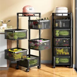 iBELL TS595 Kitchen Rack 5 Tier Rotating Stand, Basket Organizer, Portable Storage, Carbon Steel Kitchen Trolley (Pre-assembled)