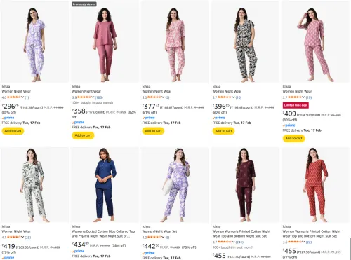 Image of Ichaa women's night wear starts @ ₹297