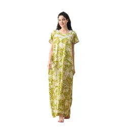 Ichaa Women's Rayon Printed Round-Neck Maxi Nighty with Pocket, in Plus Sizes