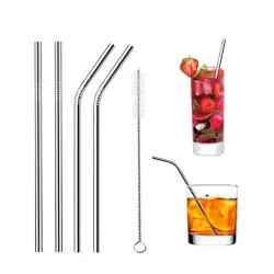 IDELLA Set of 4 Reusable Metal Straws, Long Stainless Steel Straw with Cleaning Brushes, Drinking for 30 oz and 20 oz Tumblers.(2Bent + 2 Straight + 1 Brush)